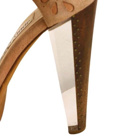 Jimmy Choo Laser Cut Blush Pink Suede Peeptoe Lucite & Wood Platform Heels Sz 7 - Picture 7 of 10